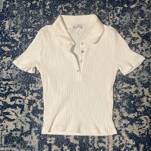 Zara Sz S White Collared V-Neck Short Sleeve Crop Top Polo-Style Collar